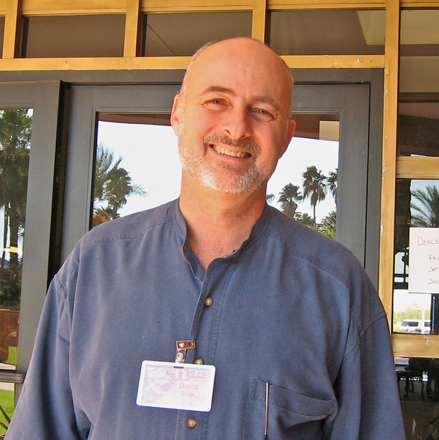 David Brin at the patio entrance